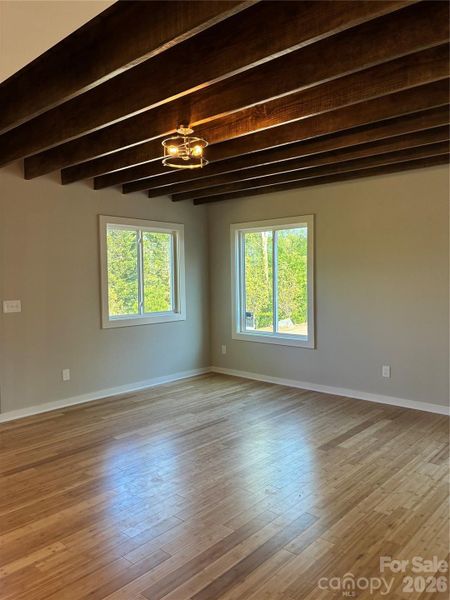 Warm Wood beams in family room