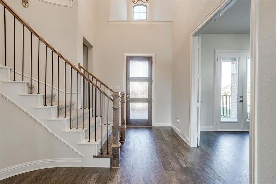 Foyer entrance featuring a high ceiling and dark hardwood / wood-style floors