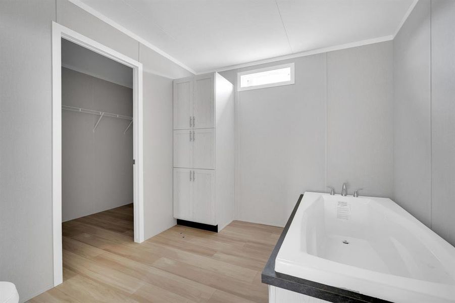 Full bath with a bathtub, light wood finished floors, a spacious closet, and a decorative wall