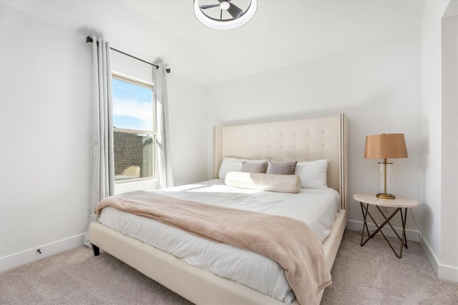 This bright, cozy bedroom features a large bed with a tufted headboard, soft carpeting, and a stylish side table with a lamp. Natural light streams in through a window with elegant curtains, creating a welcoming atmosphere.
