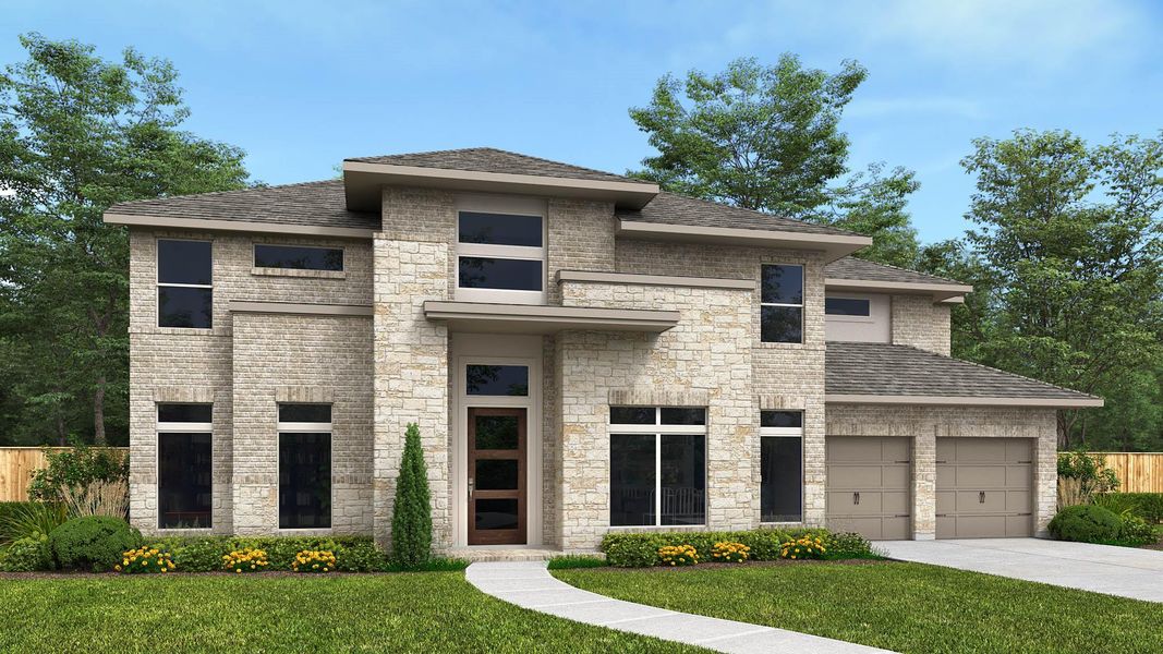 Front exterior of a new home in Meridiana 80' - Gated, Manvel, TX, highlighting curb appeal (Image 1). Front exterior of a new home in Meridiana 80' - Gated, Manvel, TX, highlighting curb appeal (Image 1).