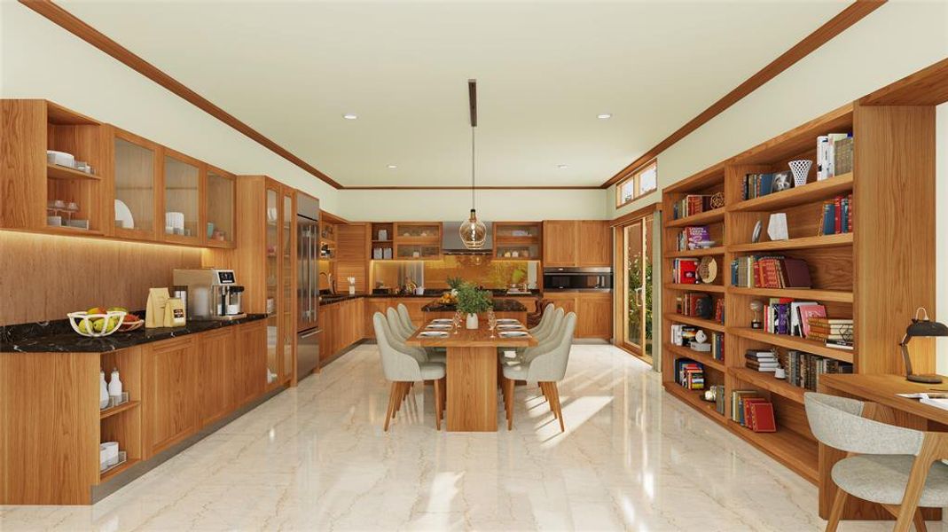 Dining room with crown molding and light marble finish flooring Dining room with crown molding and light marble finish flooring