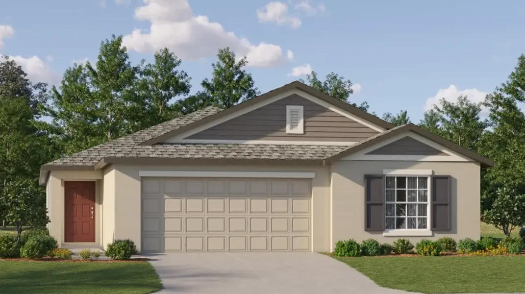 Front exterior of a new home in Connerton, Land O' Lakes, FL, highlighting curb appeal (Image 1). Front exterior of a new home in Connerton, Land O' Lakes, FL, highlighting curb appeal (Image 1).