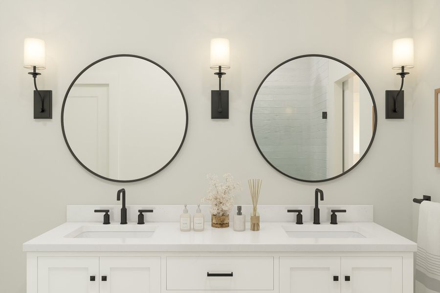 Primary bath with circular mirrors Primary bath with circular mirrors