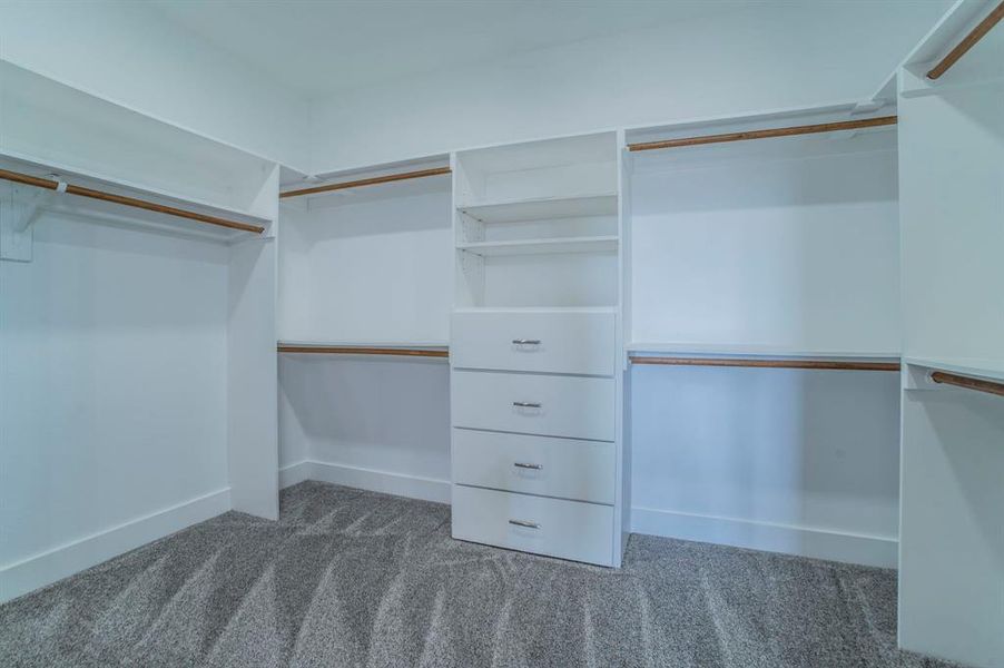 Walk in closet featuring light carpet