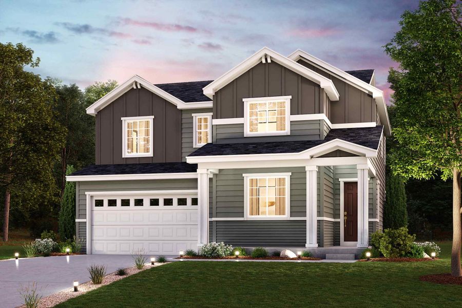 Front exterior of a new home in Red Barn Meadows, Mead, CO, highlighting curb appeal (Image 1). Front exterior of a new home in Red Barn Meadows, Mead, CO, highlighting curb appeal (Image 1).