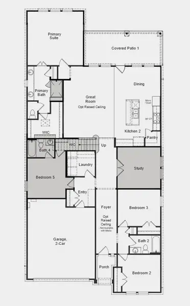 Additional Highlights Include: Raised ceiling at foyer and gathering room, bedroom 5 with Bath 4 in place of tandem, extended owner's suite, shower 1 with mudset at owner's bath, study in place of dining, covered outdoor living 1, and gourmet kitchen.