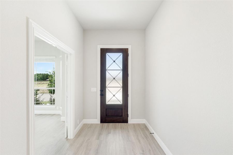 Entryway with dark wood front door featuring decorative glass panels and light hardwood floors