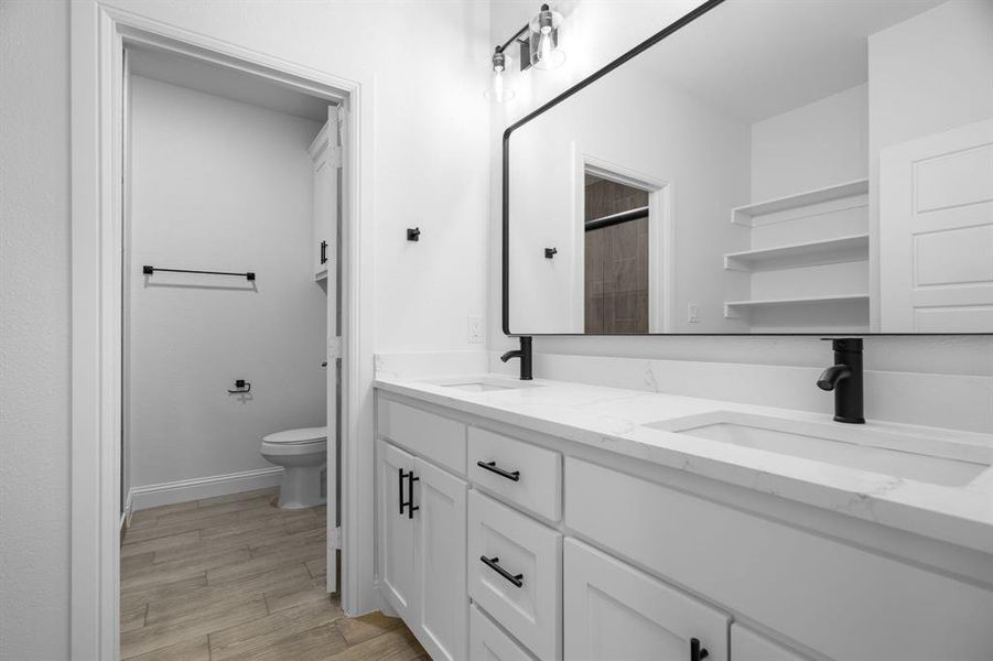 Bathroom featuring vanity, hardwood / wood-style floors, and toilet