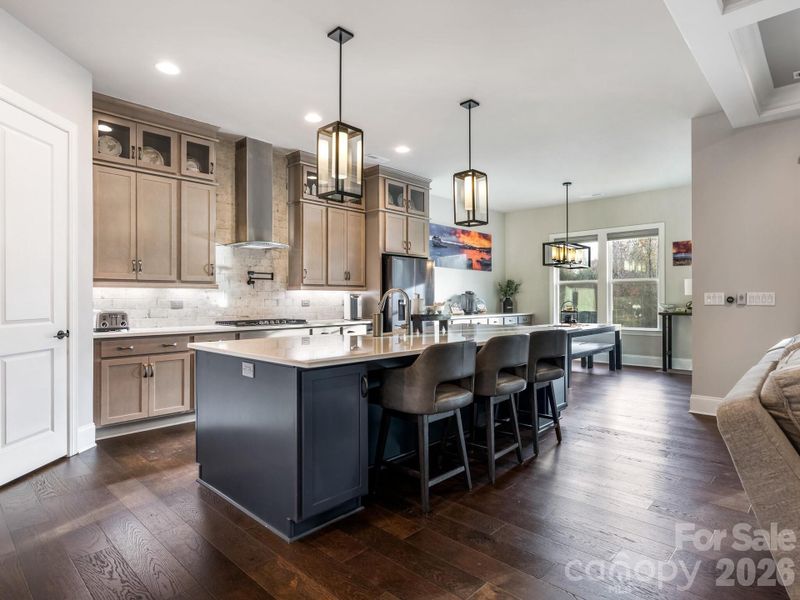 1st Flr, large upscale Kitchen w/large quartz island, two-tone cabinet, walk-in pantry; pendant & recessed lighting (14x19)