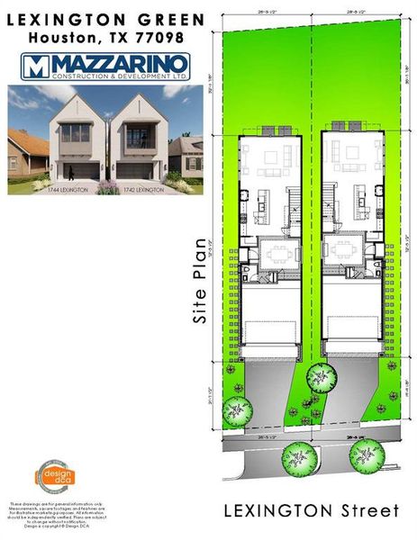 Lexington Green site plan. Please be aware that these plans are the property of the architect/builder that designed them & not New Leaf Real Estate LLC. Mazzarino Construction and/or 1742 Lexington Street LLC are protected from reproduction & sharing under copyright law. These drawings are for general information only. Measurements, square footages & features are for illustrative marketing purposes. All information should be independently verified. Plans are subject to change without notification.