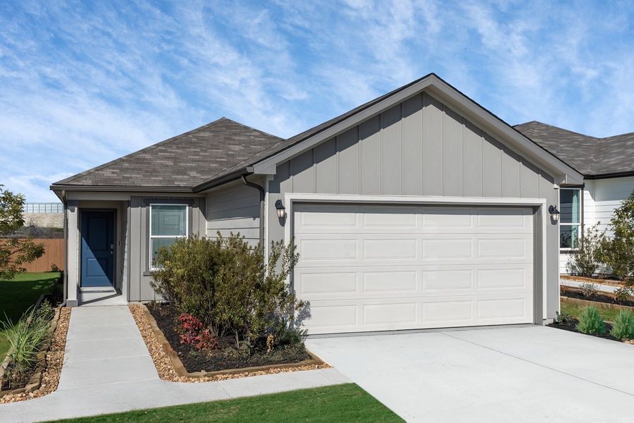 Representative exterior photo of a completed home built from the Plan 1417 Modeled by KB Home in Legend Heights, New Braunfels, TX (Image 12). Representative exterior photo of a completed home built from the Plan 1417 Modeled by KB Home in Legend Heights, New Braunfels, TX (Image 12).