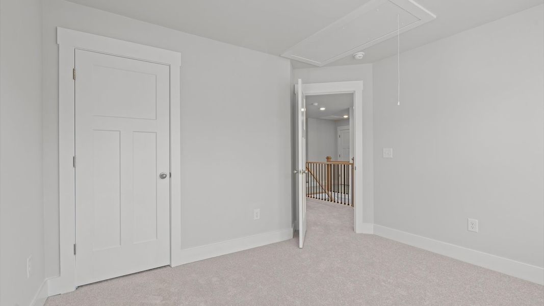 Accomplished design shines in this carpeted bedroom with a functional walk-in closet