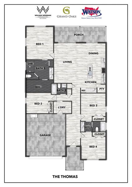 2D floor plan layout for the Thomas by William Weseman Construction in Grand Oaks, Gainesville, FL (Image 4).