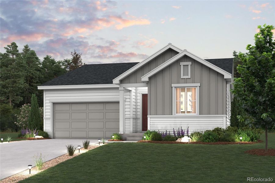 Front exterior of a new home in Spring Valley Ranch, Elizabeth, CO, highlighting curb appeal (Image 1).