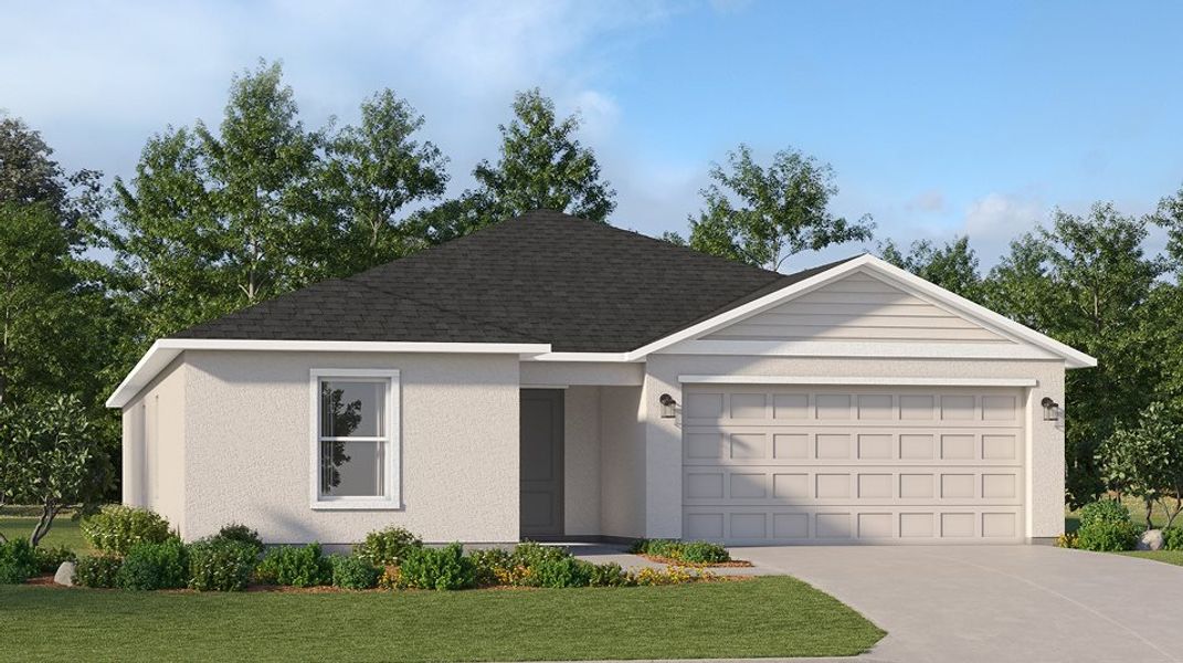 Front exterior of a new home in Crane Landing, Fort Myers, FL, highlighting curb appeal (Image 1). Front exterior of a new home in Crane Landing, Fort Myers, FL, highlighting curb appeal (Image 1).