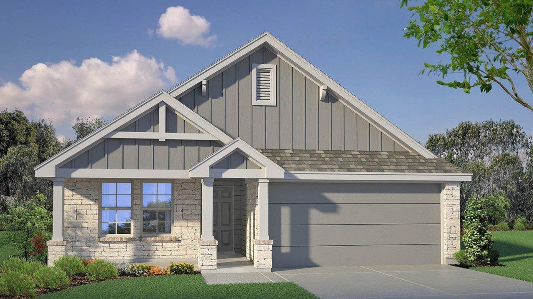 Front exterior of a new home in Creekfall, Burnet, TX, highlighting curb appeal (Image 1). Front exterior of a new home in Creekfall, Burnet, TX, highlighting curb appeal (Image 1).