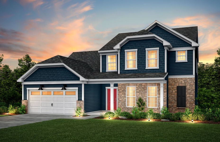 Furman Exterior 6 features stone, siding, shakes, covered front siting porch and 2 car garage