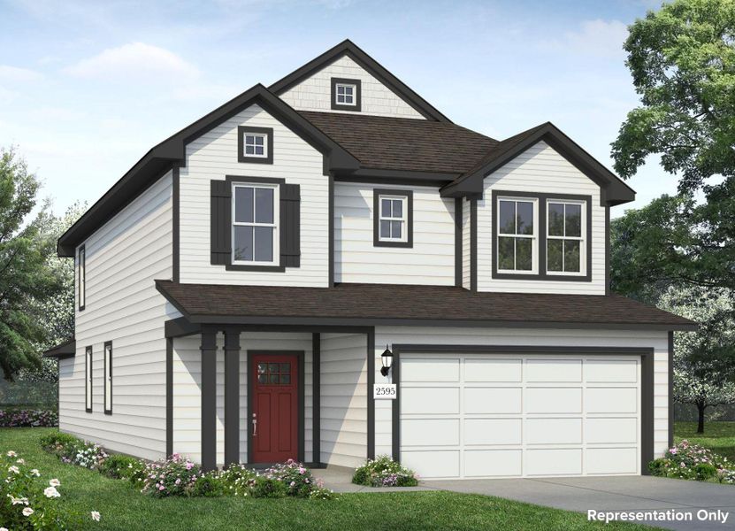 Front exterior of a new home in Cascade, Liberty Hill, TX, highlighting curb appeal (Image 1). Front exterior of a new home in Cascade, Liberty Hill, TX, highlighting curb appeal (Image 1).