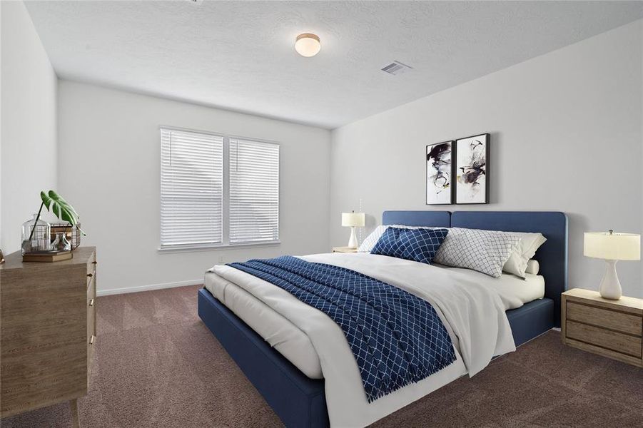 Come and unwind after a long day in this magnificent primary suite! This spacious room features plush carpet, warm paint, high ceilings and large windows with privacy blinds.