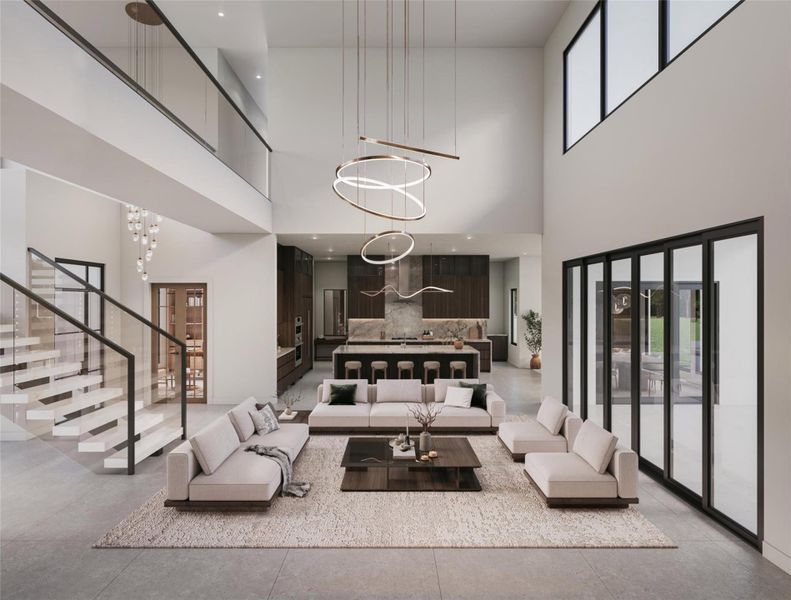 Living area featuring stairway, a chandelier, and a towering ceiling Living area featuring stairway, a chandelier, and a towering ceiling