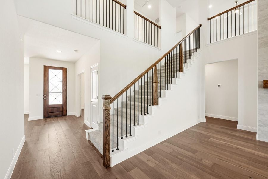Two-story foyer with carpeted staircase, wood handrails, iron balusters, and hardwood floors leading to front door Two-story foyer with carpeted staircase, wood handrails, iron balusters, and hardwood floors leading to front door