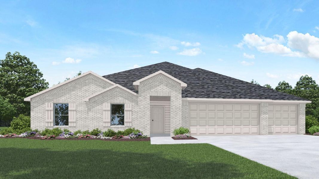 Front exterior of a new home in Riverside Estates, Baytown, TX, highlighting curb appeal (Image 1).