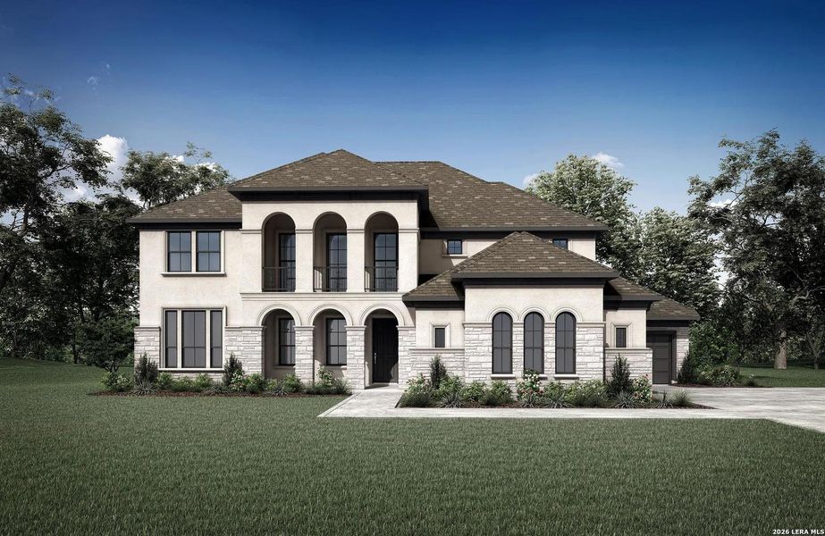 Front exterior of a new home in Shavano Highlands, San Antonio, TX, highlighting curb appeal (Image 1). Front exterior of a new home in Shavano Highlands, San Antonio, TX, highlighting curb appeal (Image 1).