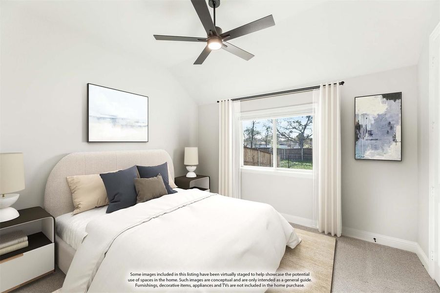 Bedroom with vaulted ceiling, ceiling fan, carpet flooring, and a large window with white curtains Bedroom with vaulted ceiling, ceiling fan, carpet flooring, and a large window with white curtains