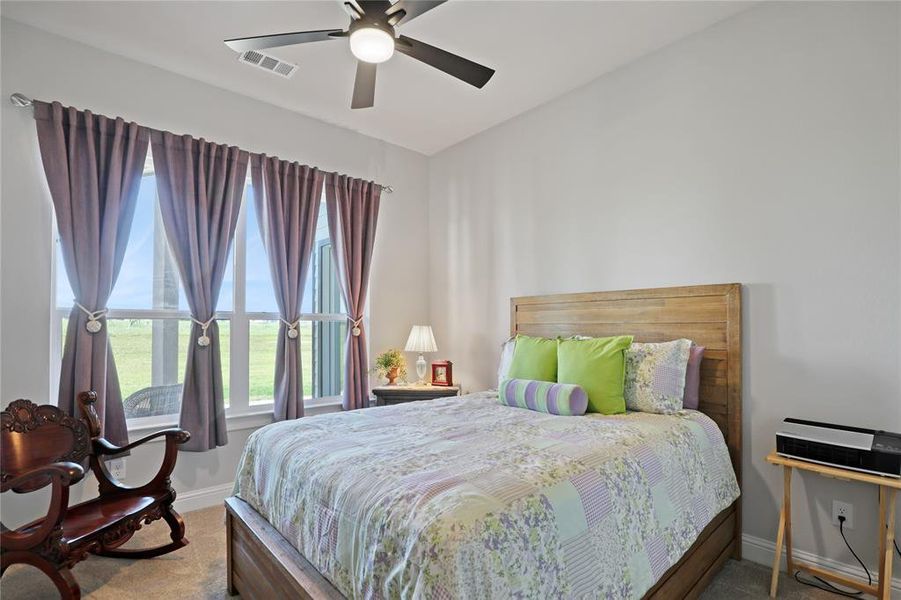 Bedroom with carpet, baseboards, and a ceiling fan Bedroom with carpet, baseboards, and a ceiling fan