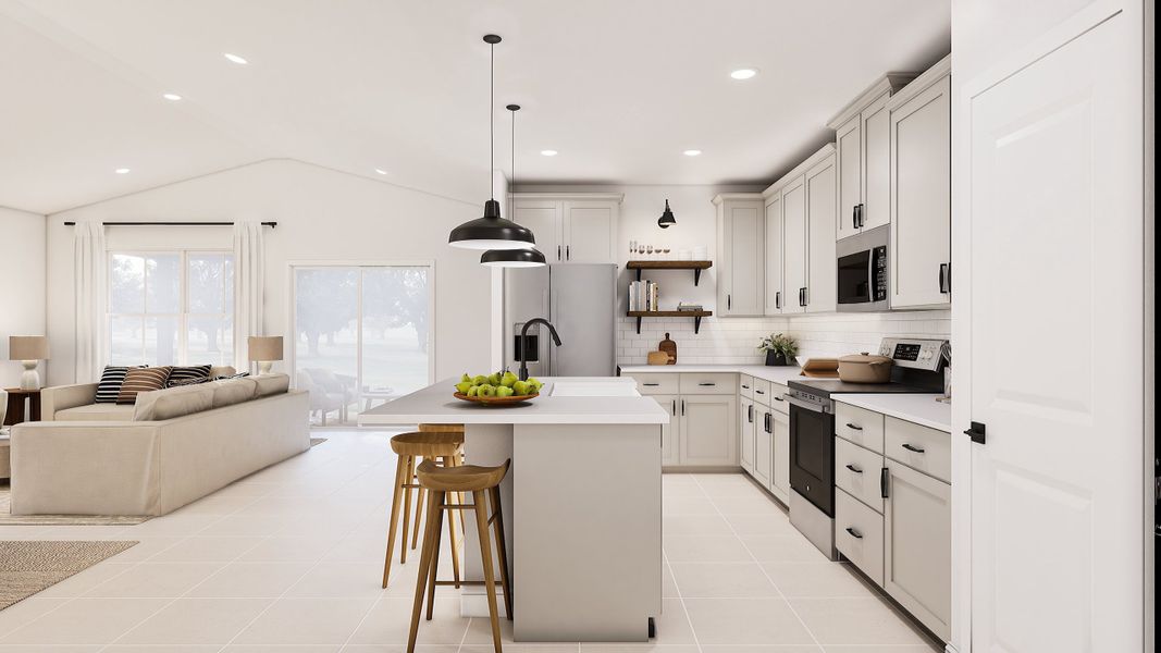 Kitchen with floating shelves and matte black lighting fixtures