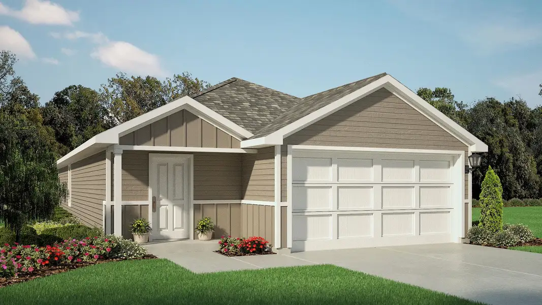 Front exterior of a new home in Hickory Grove, Krum, TX, highlighting curb appeal (Image 1). Front exterior of a new home in Hickory Grove, Krum, TX, highlighting curb appeal (Image 1).