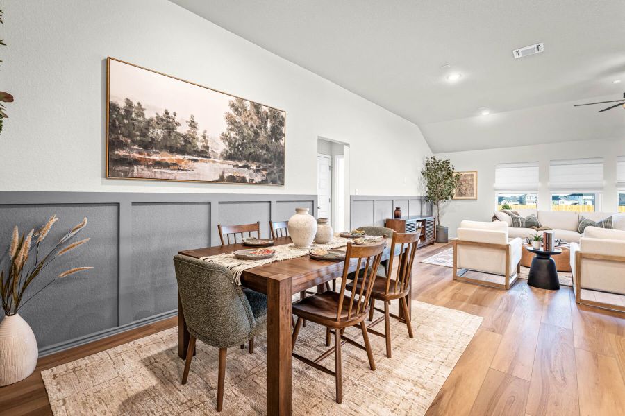 This is the dining area of the Hawkins plan within the model home in Carillon at 13305 Eppright Trace Blvd., Manor, TX. This is the dining area of the Hawkins plan within the model home in Carillon at 13305 Eppright Trace Blvd., Manor, TX.