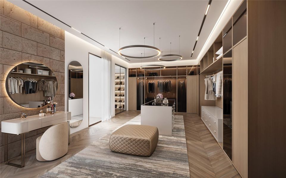 Rendering of a boutique walk-in closet. Evokes the feeling of shopping in your own home