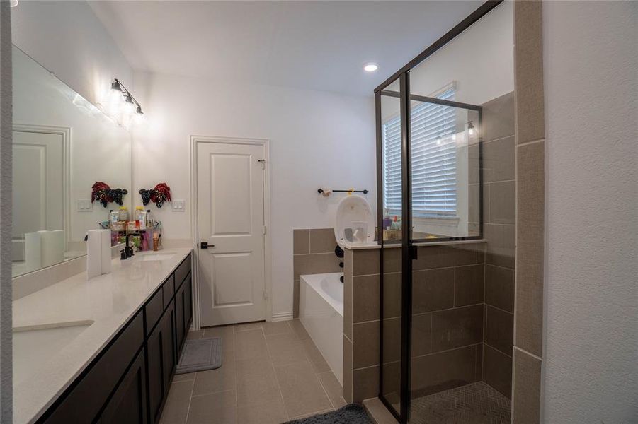 Spacious bathroom featuring a dual vanity with light-toned countertops, dark cabinetry, and a large mirror