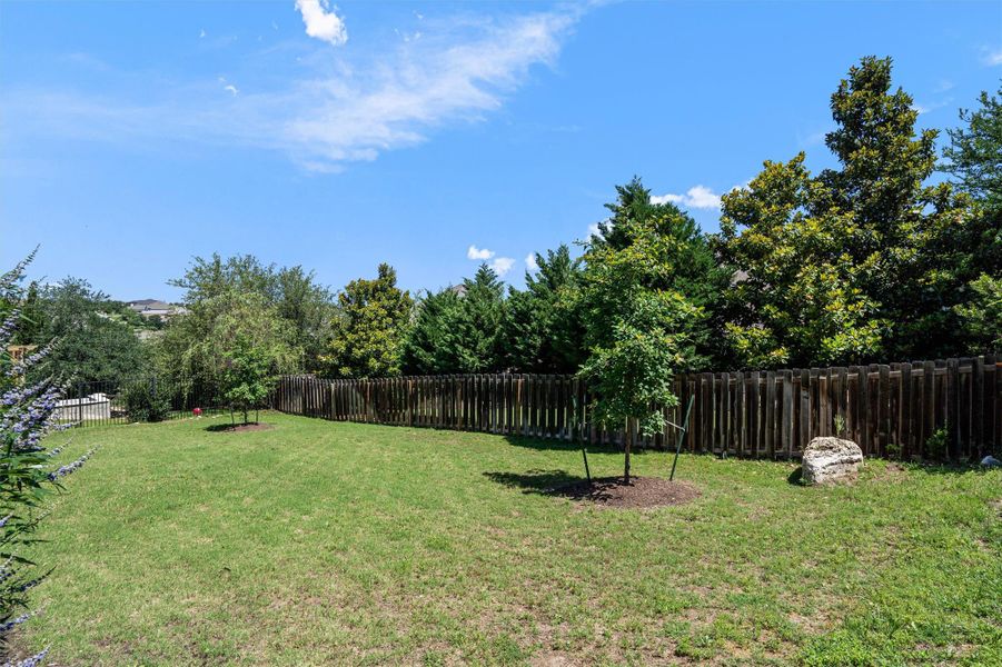 Expansive backyard featuring a lush lawn, mature trees, wood privacy fencing, and a natural rock accent