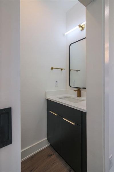 Bathroom with wood-type flooring and vanity