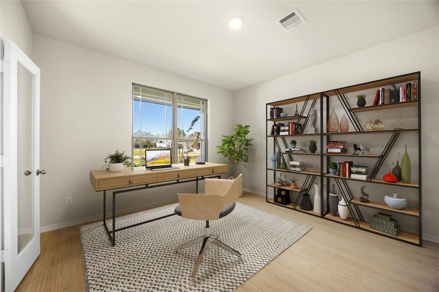 This productive home office offers a quiet retreat, accessed through the stylish glass-paneled French doors. The space features light wide-plank flooring throughout and is brightly illuminated by both natural light from the large window and overhead recessed lighting. *Virtually Staged This productive home office offers a quiet retreat, accessed through the stylish glass-paneled French doors. The space features light wide-plank flooring throughout and is brightly illuminated by both natural light from the large window and overhead recessed lighting. *Virtually Staged