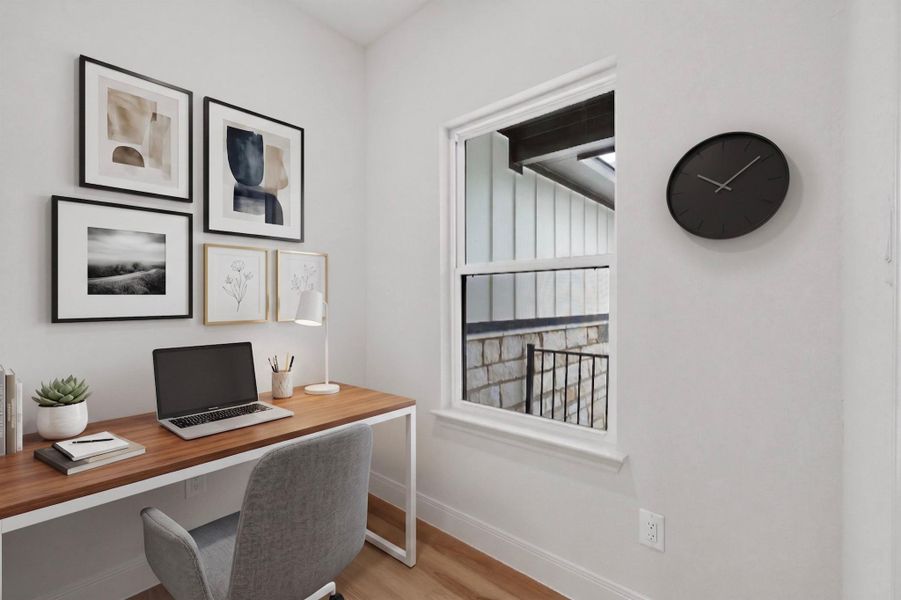 Bright room featuring a single-hung window, wood-finish flooring, and white wall finishes Bright room featuring a single-hung window, wood-finish flooring, and white wall finishes