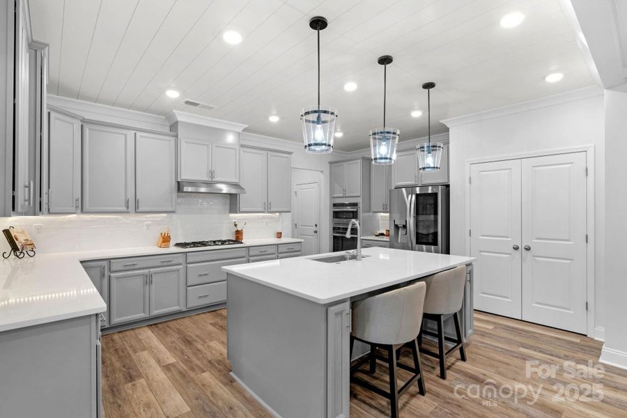 Gourmet kitchen with large island, gas cooktop, pantry