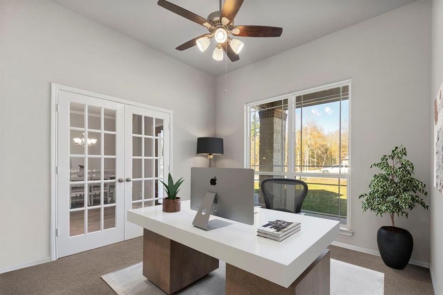 To the left hand side upon entry, you'll find double french glass doors into the study/4th bedrooms. *Virtually staged to show potential for study/office or use as a standard 4th bedroom.