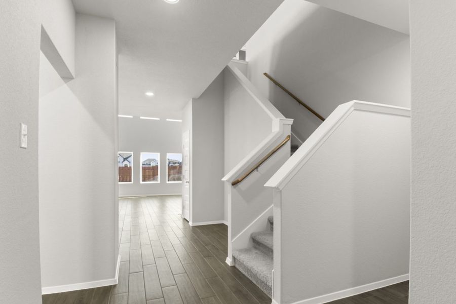 Image of a foyer with dark wood-like flooring and grey carpeted staircase leading upstairs Image of a foyer with dark wood-like flooring and grey carpeted staircase leading upstairs