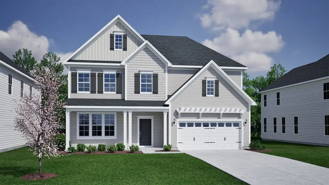 Front exterior of a new home in Scotts Hill Village, Wilmington, NC, highlighting curb appeal (Image 1). Front exterior of a new home in Scotts Hill Village, Wilmington, NC, highlighting curb appeal (Image 1).
