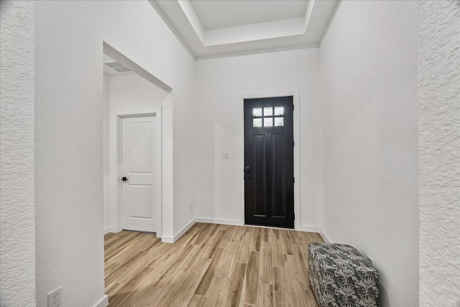 Light-filled entry with soaring tray ceilings, wood-look plank tile flooring, crisp white walls, and a dramatic black front door that sets the tone for the home’s modern farmhouse design.