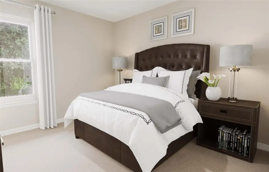 Carpeted bedroom with baseboards and multiple windows Carpeted bedroom with baseboards and multiple windows