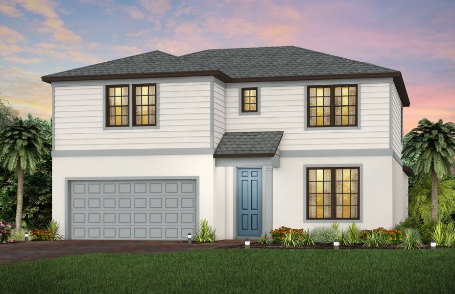Front exterior of a new home in Cedar Grove at The Woodlands, North Port, FL, highlighting curb appeal (Image 1). Front exterior of a new home in Cedar Grove at The Woodlands, North Port, FL, highlighting curb appeal (Image 1).