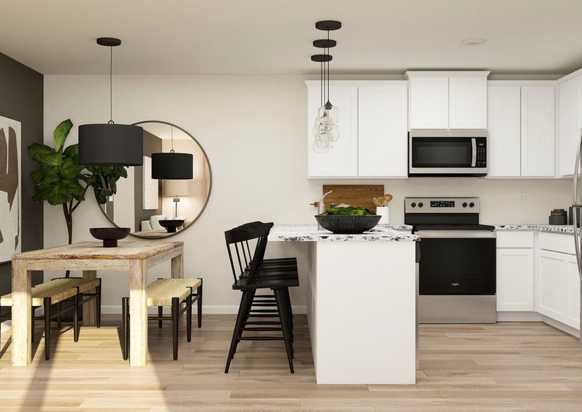 Rendering of a  kitchen with white cabinetry and stainless steal appliances. The dining room  can be seen next to the kitchen.