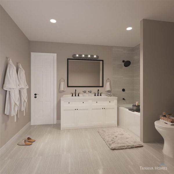 Primary bathroom. Spa-like retreat with a quartz-topped custom vanity with dual sinks. Beautiful tiles, elegant fixtures and high-arc faucets. Indulge and relax in the upgraded bathtub after a long day of hard work. Example photo, virtually staged