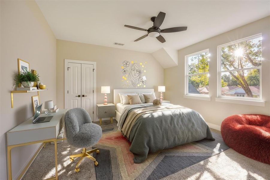 Carpeted guest bedroom upstairs facing front of home