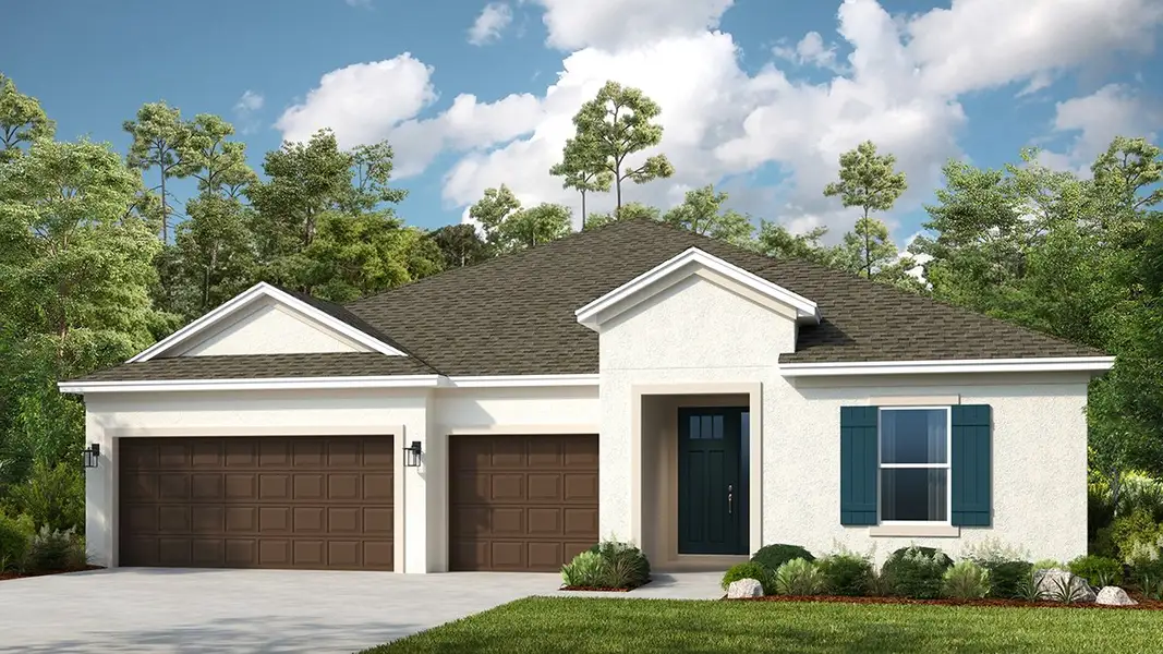 Front exterior of a new home in Center Lake Ranch Community Group Page, St. Cloud, FL, highlighting curb appeal (Image 1). Front exterior of a new home in Center Lake Ranch Community Group Page, St. Cloud, FL, highlighting curb appeal (Image 1).
